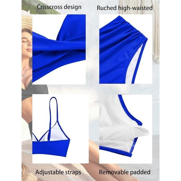 Women High Waisted Swimsuit Push Up Twist Front Ruched Bathing Suit - Picture 7 of 9